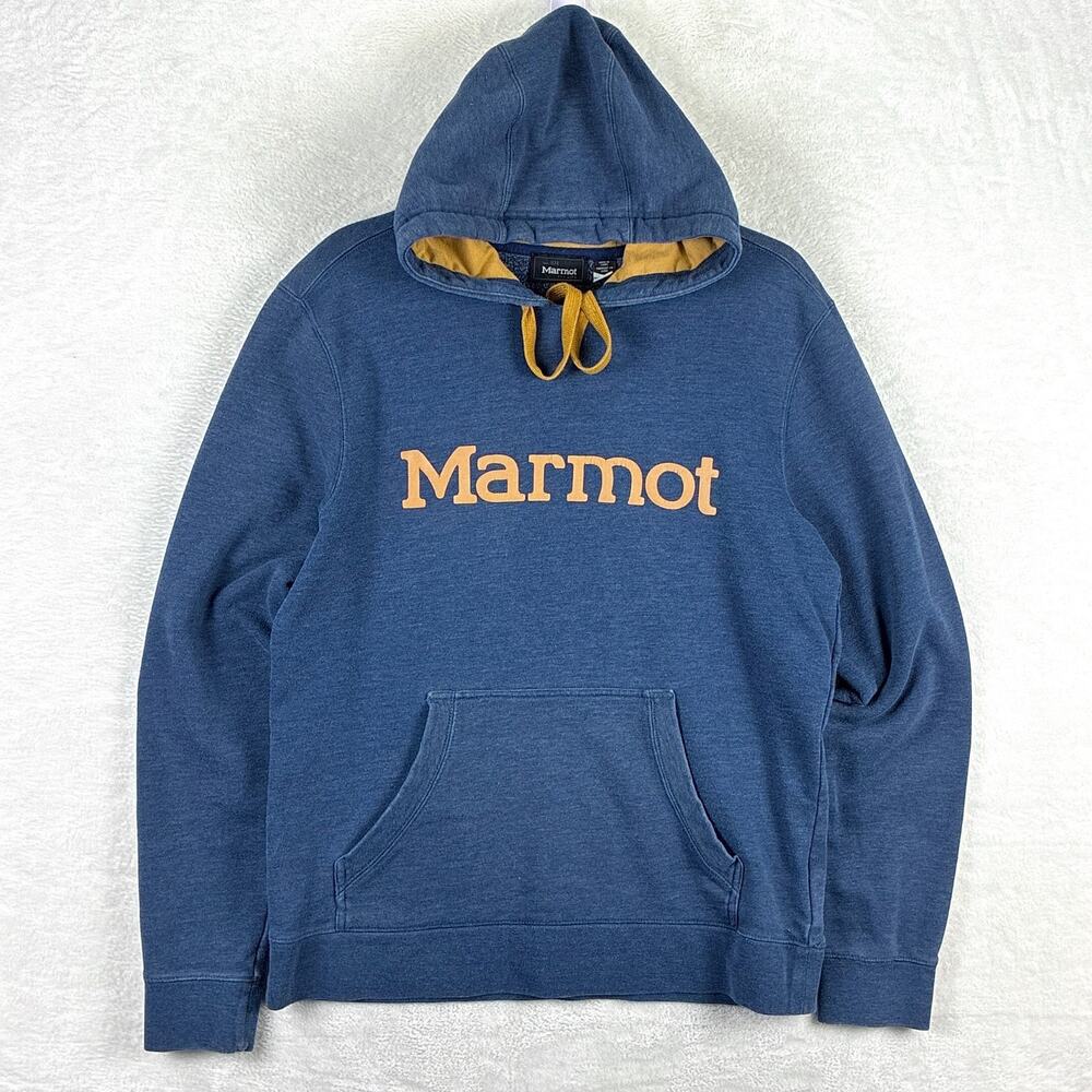 Marmot Hoodie Sweatshirt Men M Blue Spell Out Outdoors Backpacking Nature Preppy